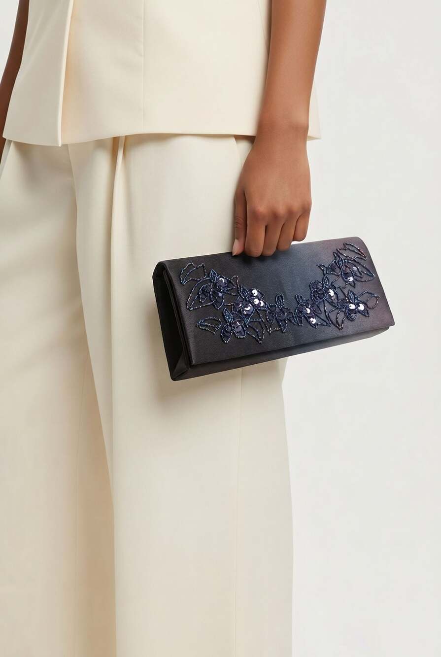 La Regale Blue Iridescent Beaded Satin Evening Clutch Bag with Chain